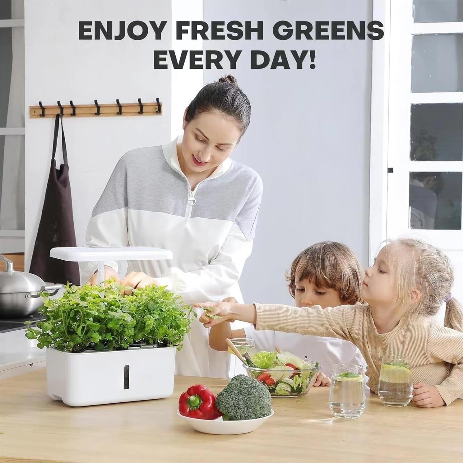 Sistema de cultivo hidropónico, 10 cápsulas, kit de jardín inteligente de hierbas LED para interiores, jardín interior, temporizador controlado, con crecimiento de espectro completo de 24 W, tanque de