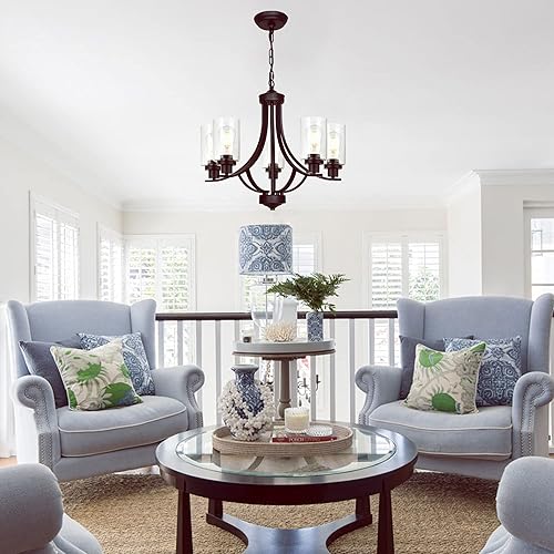 Miniatura 4 de MELUCEE Lámpara de araña clásica de 22.6 pulgadas, contemporánea de 5 luces, con pantalla de vidrio transparente, accesorios de cocina, iluminación