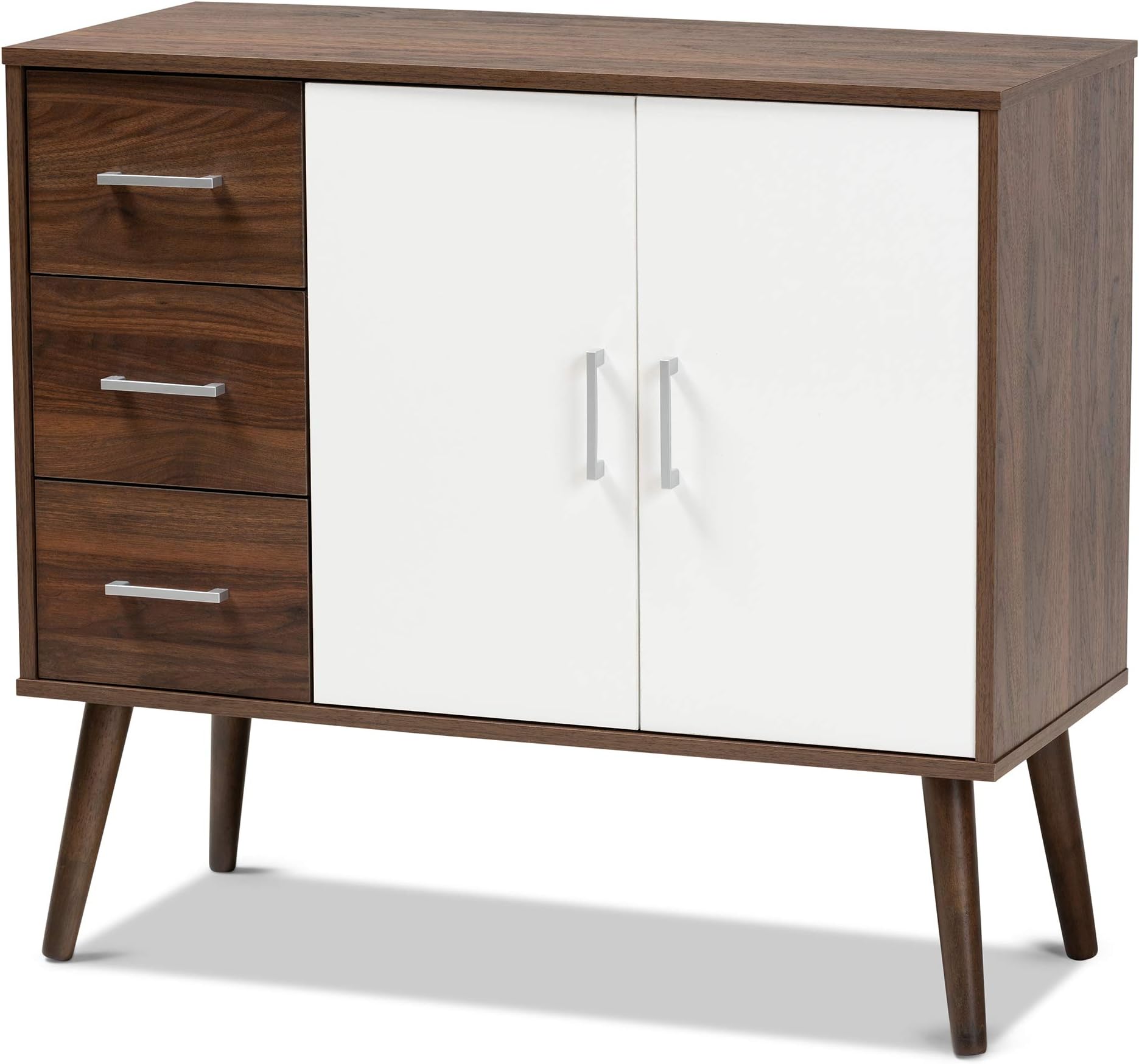 Baxton Studio Leena Mid-Century Modern Two-Tone White and Walnut Brown Finished Wood 3-Drawer Sideboard Buffet