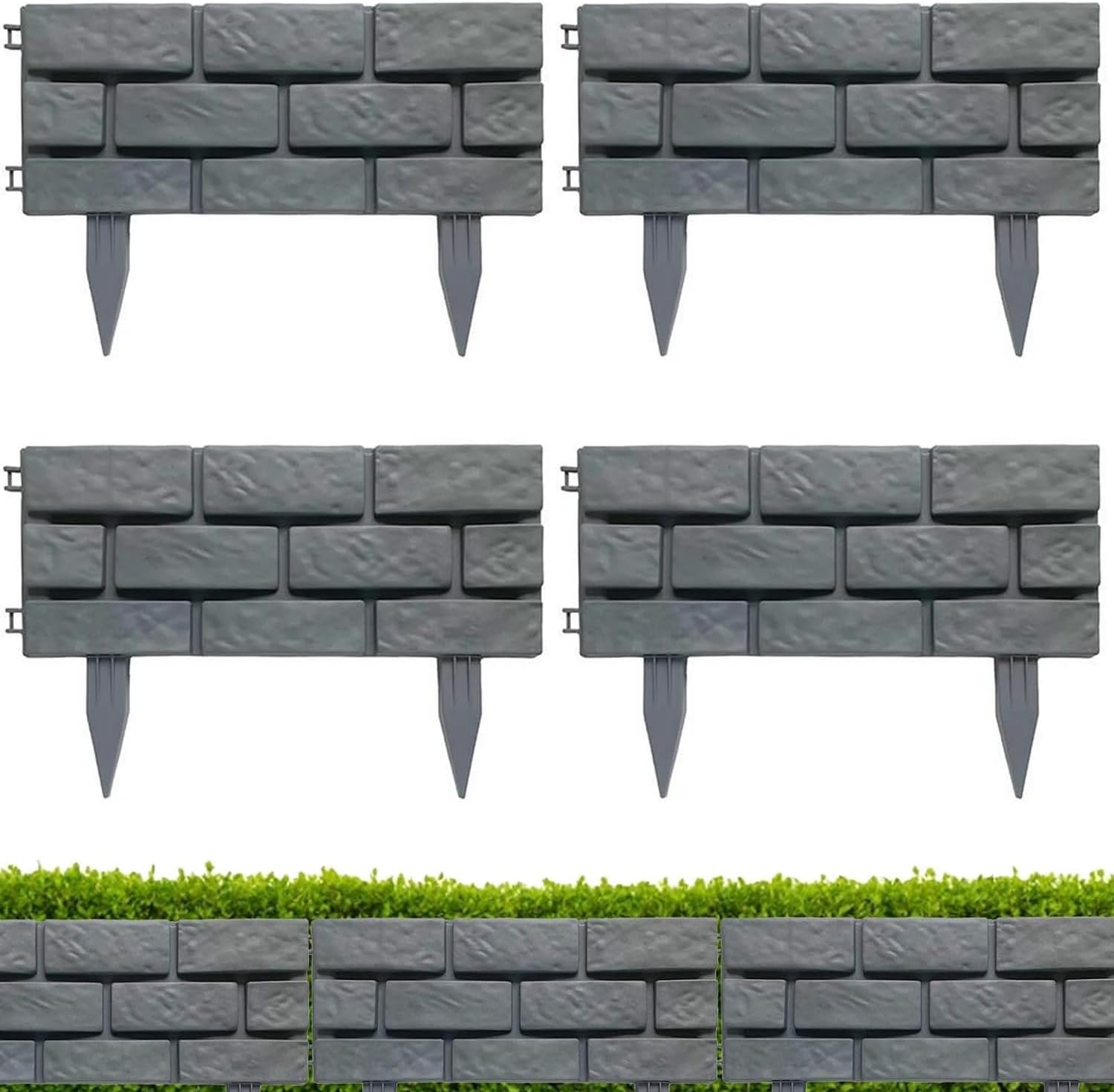 4 Piece Grey Brick Effect Garden Edging Easy Fit Plastic Border for ...