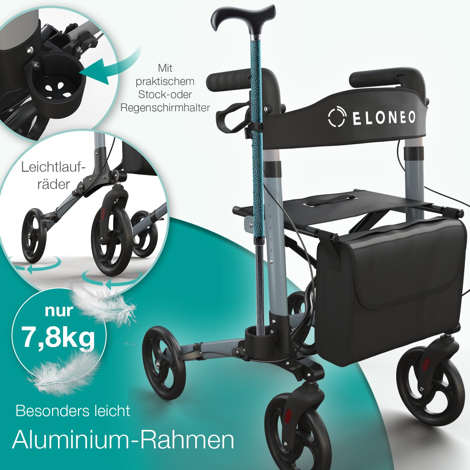 ELONEO Rollator faltbar und leicht mit Sitz, Leichtgewicht-Reiserollator aus Aluminium, Gehhilfe 8-fach höhenverstellbar, Laufhilfe 3-fach faltbar für Kofferraum, Tasche & Schirmhalter Anthrazit