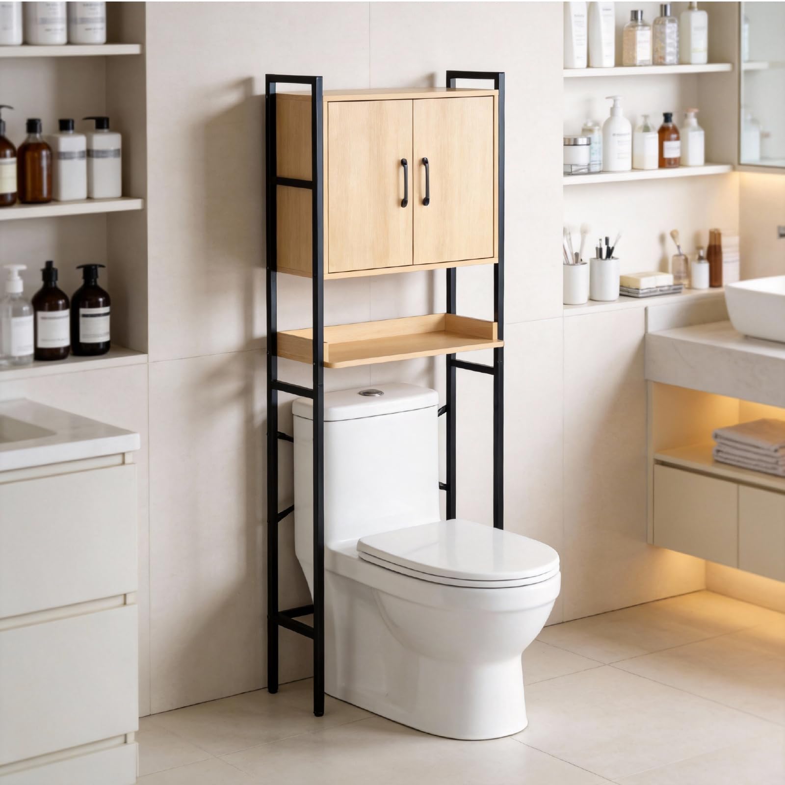 LEADZM Waschmaschinenschrank, Waschmaschinenregal Regal über Waschmaschine | Toilettenregal mit Schrank, Badregal, 64,5 x 30 x 171 cm
