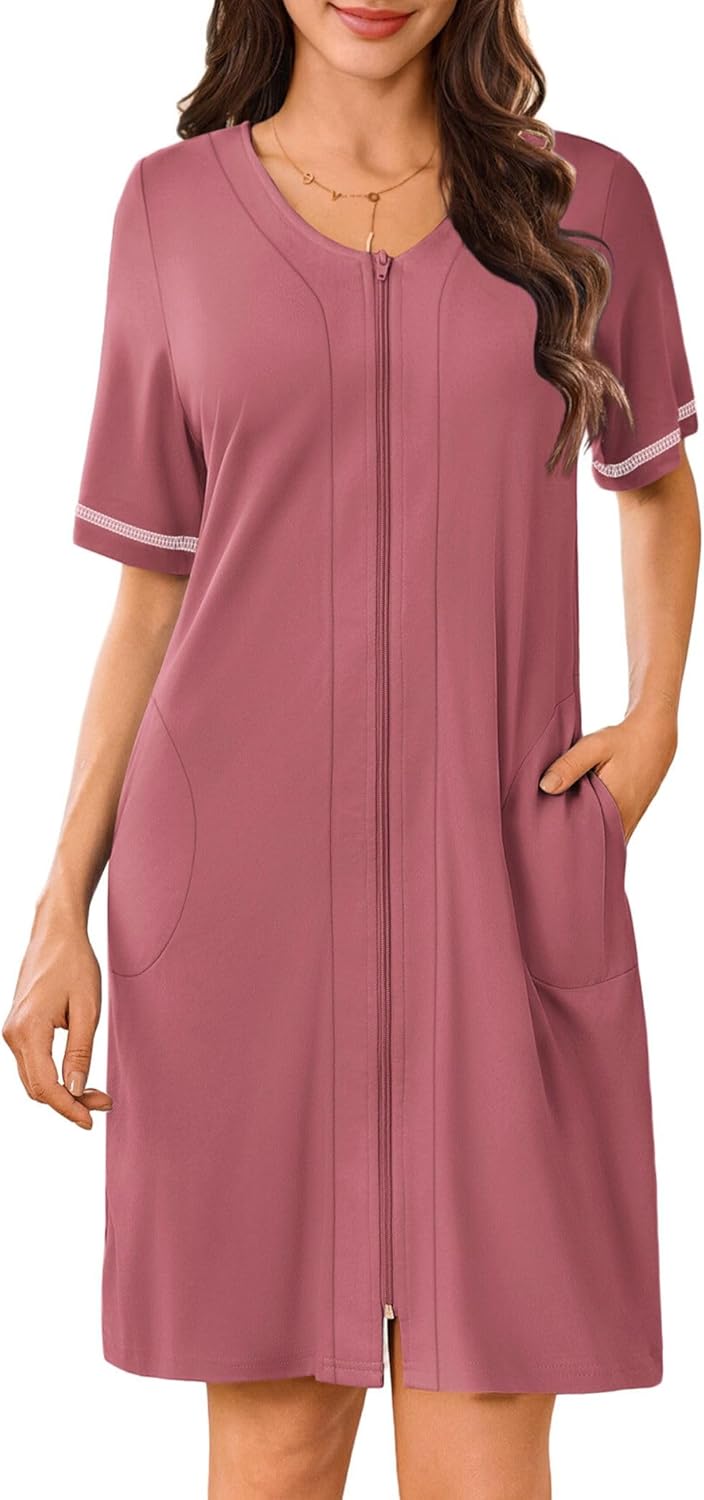 Ekouaer Women Zipper Robes Short Sleeves Housecoat Lightweight Bathrobes Zip Up Robe Casual Nightgown with Pockets S-2XL