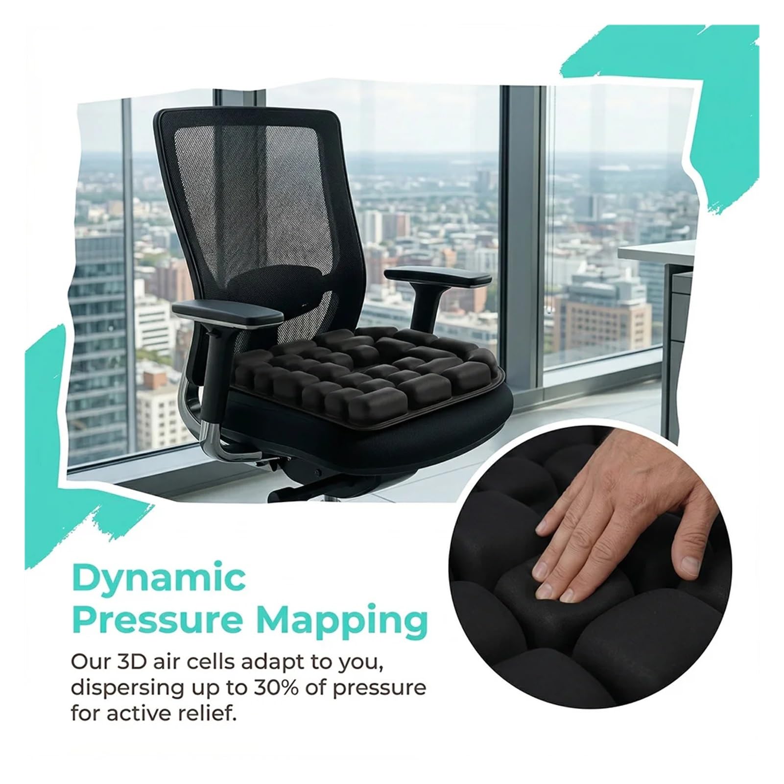 Autositzkissen 3D-Luftdruckentlastungskissen, aufblasbares Lendenwirbelstützkissen, ergonomisch(HF001 Black)