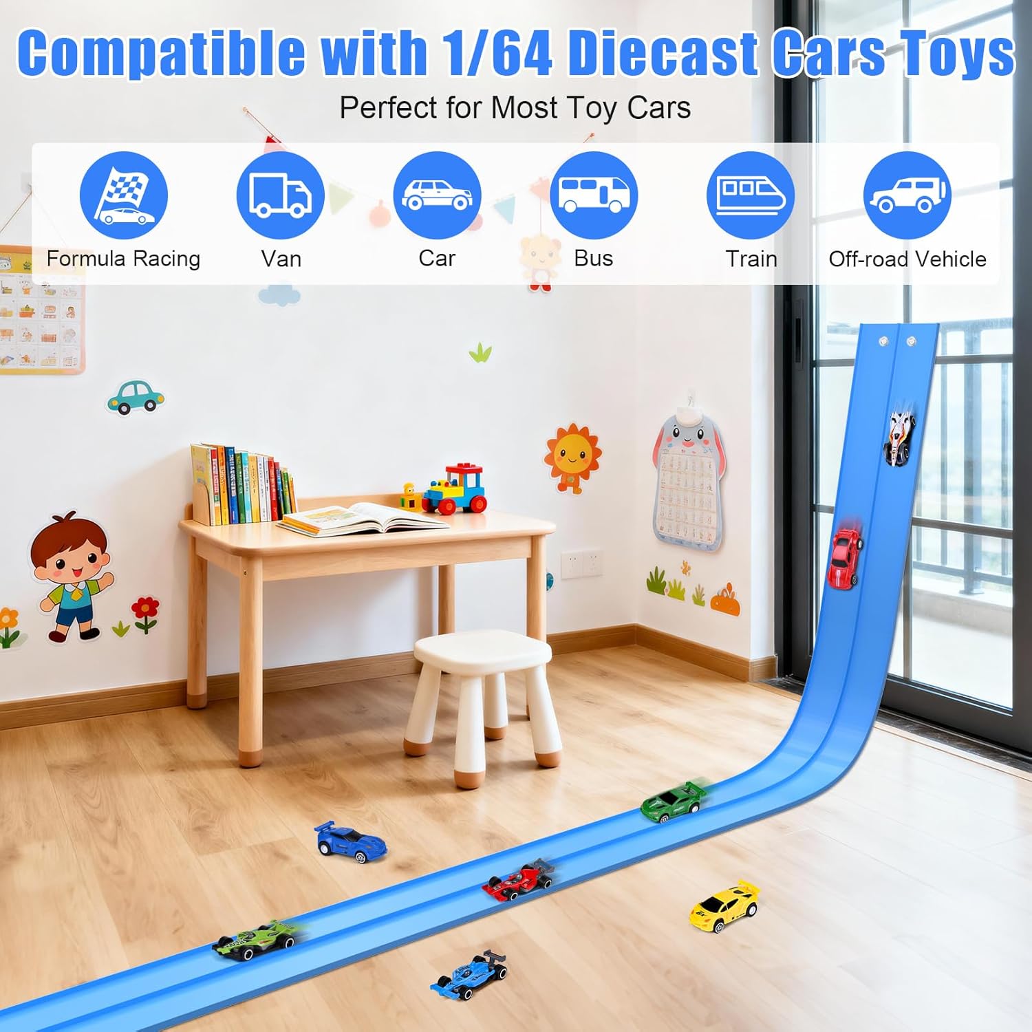 ZHFUYS 20Ft Extra Long Flex Tracks for Kids,Flexible Race Car Track Set with Powerful Pull Back Cars,Suction Cups Compatible with Diecast 1/64th Car Toy,Rolls Up Portable Race Tracks for Ages 3 & Up