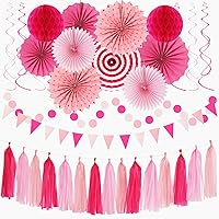 Vista 1 de Conjunto de decoraciones rosa intenso y rojo para fiestas - 33 piezas: Bandera, serpentinas, guirnalda con borlas, pompones de papel, panales