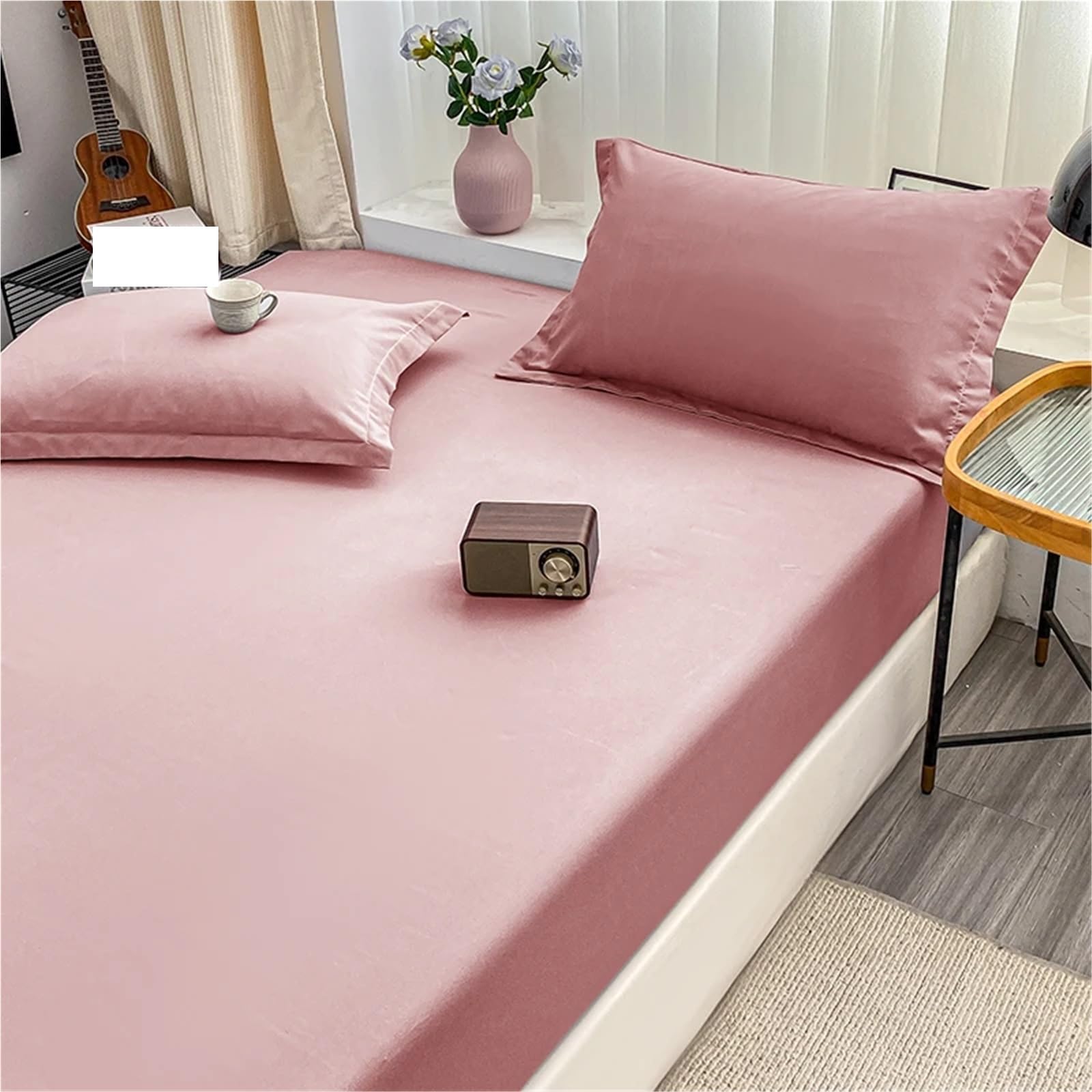 1 Funda de colchón Color sólido, Protectora Antideslizante, sin Almohada para ColchóN(Pink,150x200cm)