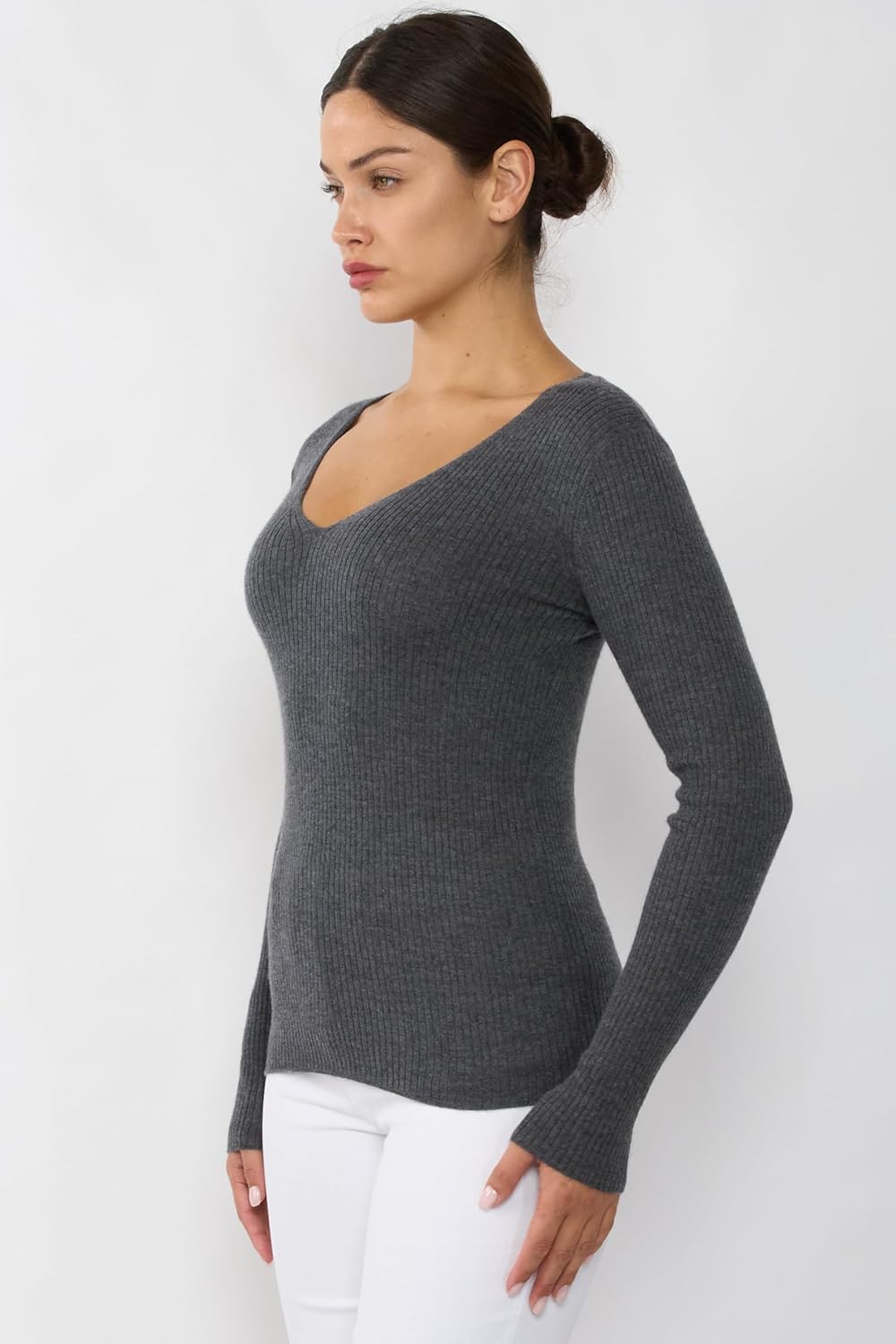 JENNIE LIU Womens 100% Cashmere V-Neck Sweater | Ribbed Tissue Weight Cashmere Sweaters for Women - Image 2