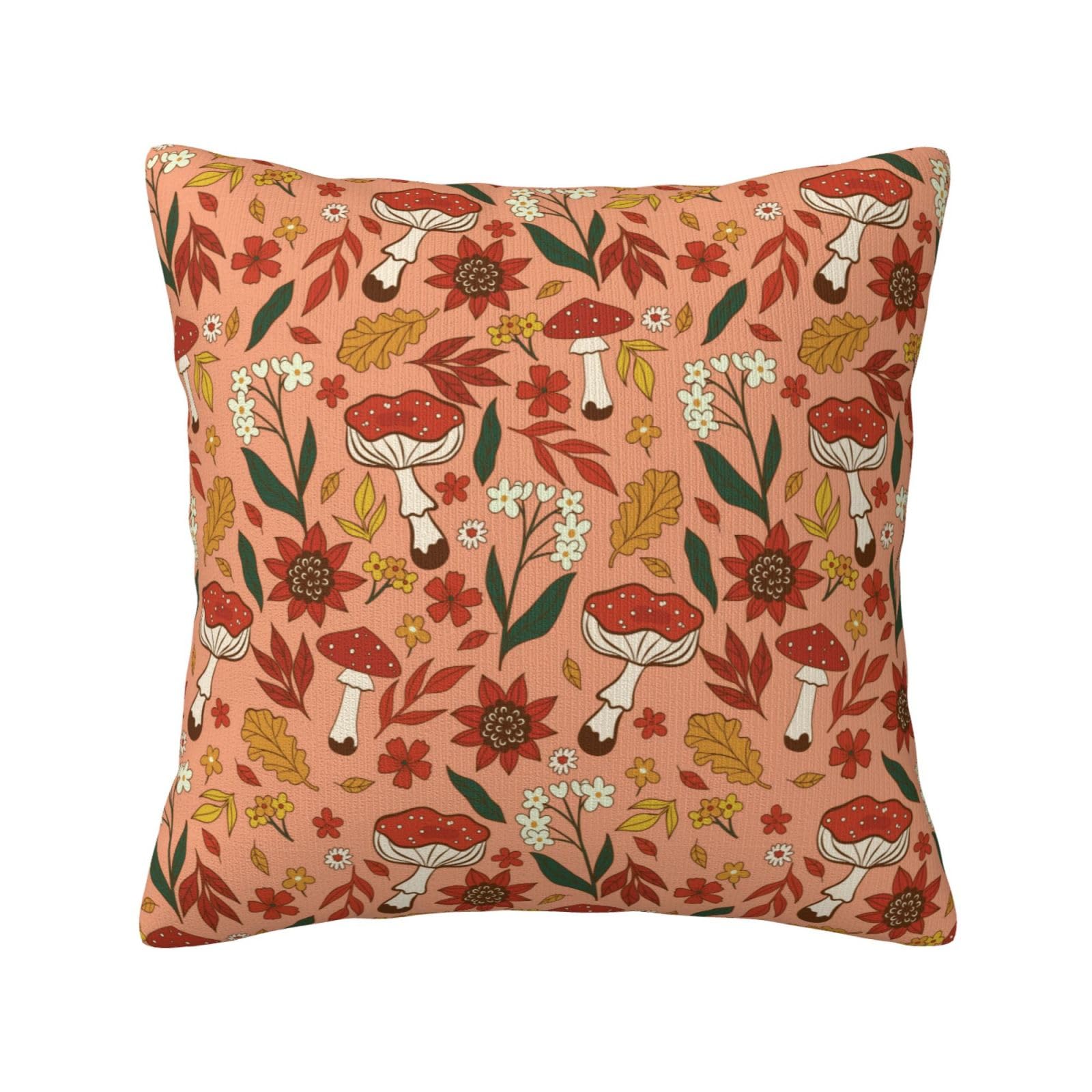MRYUMI Cute Mushrooms and Leaves Pattern Pillow Covers 18 X 18 Inches Square Throw Pillowcase for Couch Sofa Home Bedroom Decor