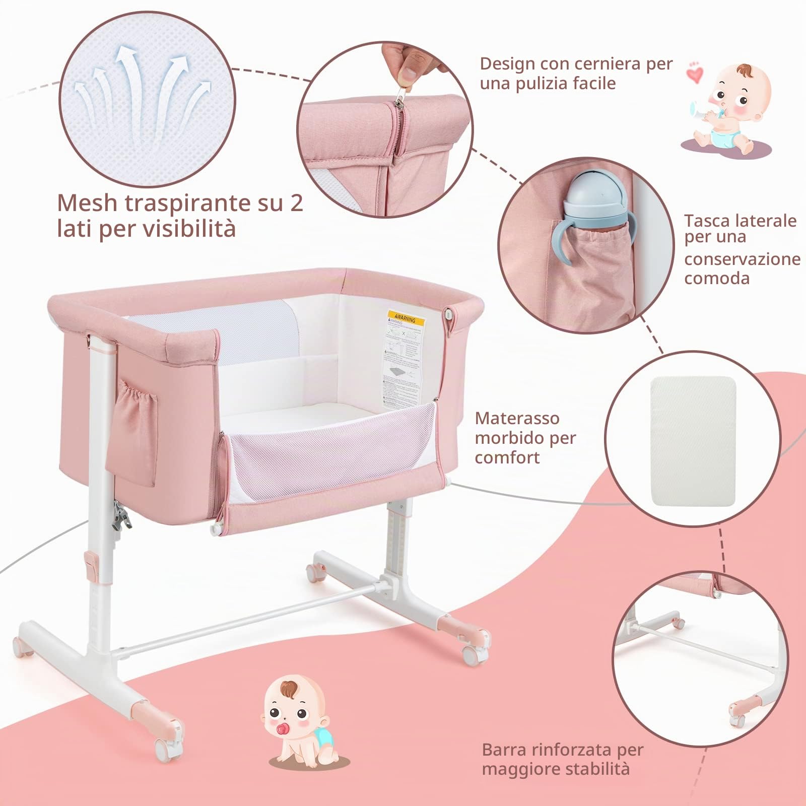 LIFEZEAL 3 in 1 Lettino con Materasso Laterale Regolabile in 5 livelli, Culla per Neonato da Viaggio Mobile su Ruote con Tasca e Borsa per Trasporto (rosa)
