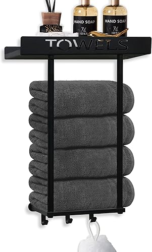 Toalleros para baño montados en la pared, toalleros de metal con estante y 3 ganchos, organización de almacenamiento de toallas de baño enrolladas