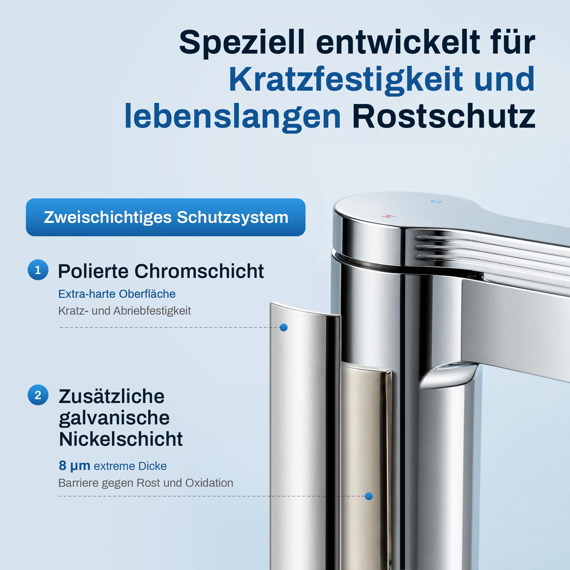 Chrom Wasserhahn Bad, Waschtischarmatur mit Verdeckten Griffen, Wasser Sparen Armatur Badezimmer mit Keramikkartusche und Ungiftigem EPDM-Innenschlauch, für Europäische Waschbecken