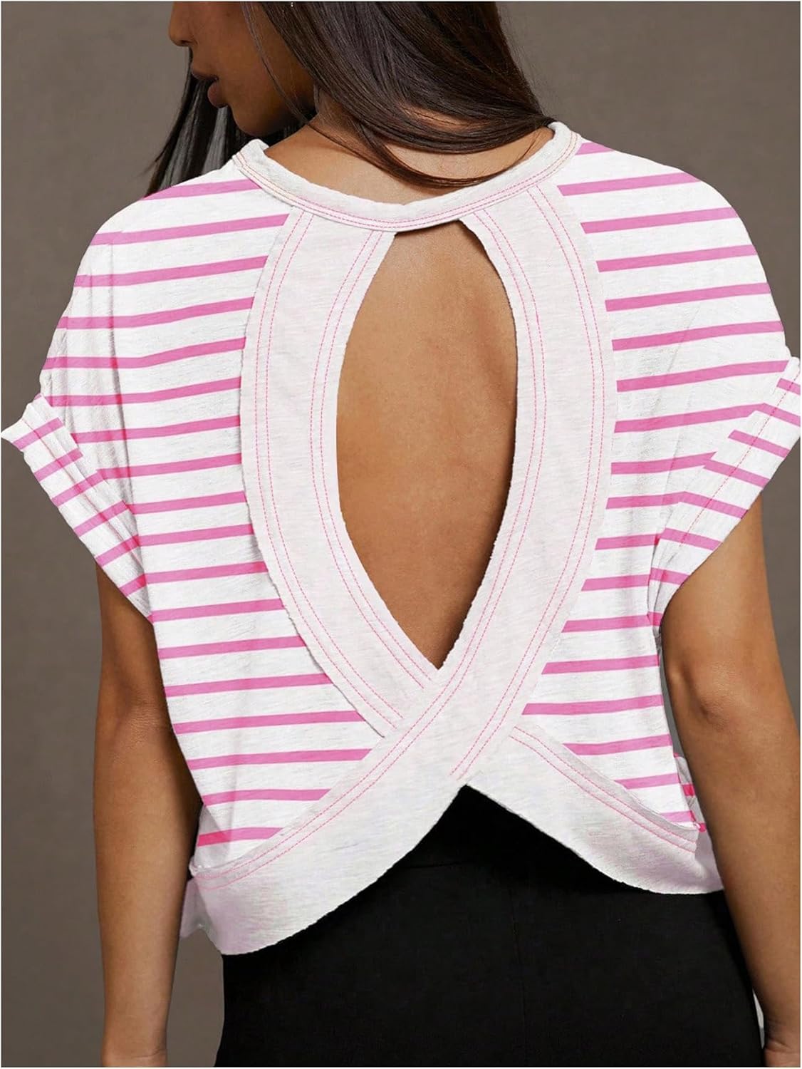 WDIRARA Women's Stripe Open Back Criss Cross T Shirts Cut Out Short Sleeve Tee Top - Image 2