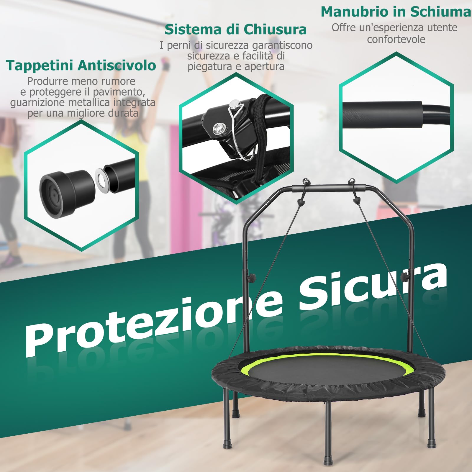 GYMAX Mini Trampolino Elastico Fitness, con 6 Supporti, 2 Cordini Elastici e Manubrio, Design Pieghevole e 4 Altezze Regolabili, Per Casa, Palestra, Blu