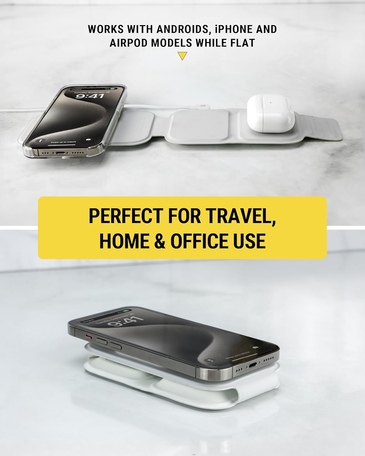 Scosche MSQFG2N1WT MagicMount Travel 2-in-1 Magnetic Dual Wireless Charging Station, Fast Charger Stand w/Foldable Flat Pad, Compatible with MagSafe Apple iPhone 16/15/14/13/12/Pro Max/Airpods, White