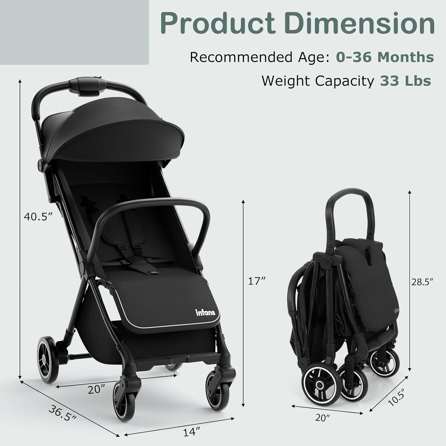 INFANS Lightweight Baby Stroller, Ultra-Compact Fold Airplane Ready Travel Stroller, One-Hand Gravity Fold Near Flat Recline Seat, Foldable Toddler for Infant 0-36 Month Black image 8 of 9 B0BSP9CLR3