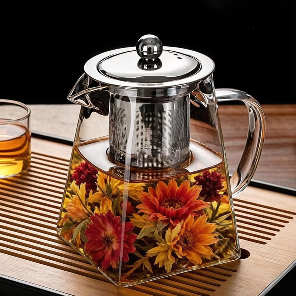 Teekanne mit Siebeinsatz, Glas Eckig Teekanne mit Sieb, Teebereiter für Losen Tee, Glasteekanne (550ml)