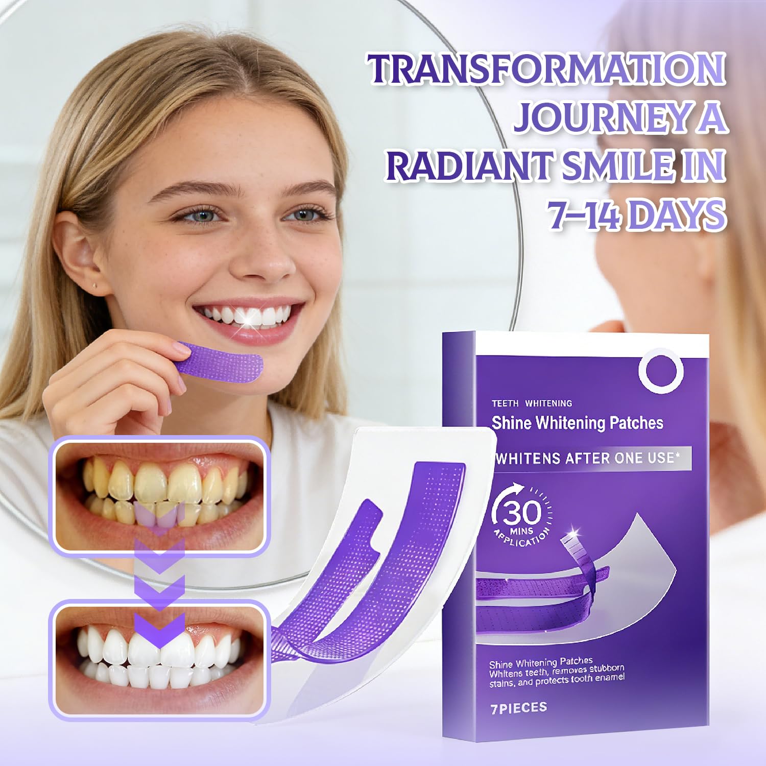 7 Stück Whitening Strips Lila– Teeth Whitening Strips Bleaching-Streifen zur Sanften Entfernung von Verfärbungen und für Strahlendere Praktische Einzelverpackungen C35-01-1