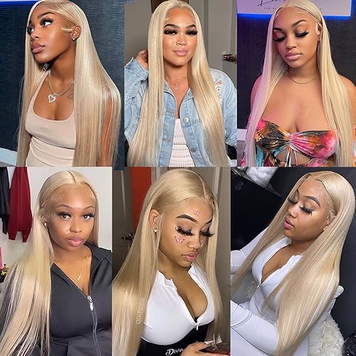 Miniatura 6 de QD-Tizer Pelucas de cabello rubio ceniza largo y lacio sintético con encaje frontal para mujeres de moda, resistente al calor, cabello suave