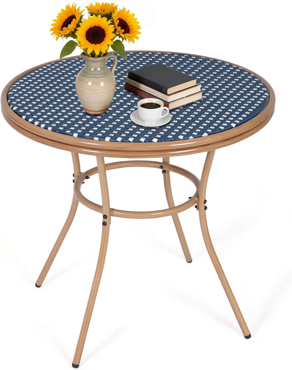 31" Round Outdoor Bistro Table, All-Weather PE Rattan Patio Side Table w/Sturdy Metal Frame & Adjustable Foot Pads, Wicker Dining Table for Poolside Backyard Garden Balcony, Black/White