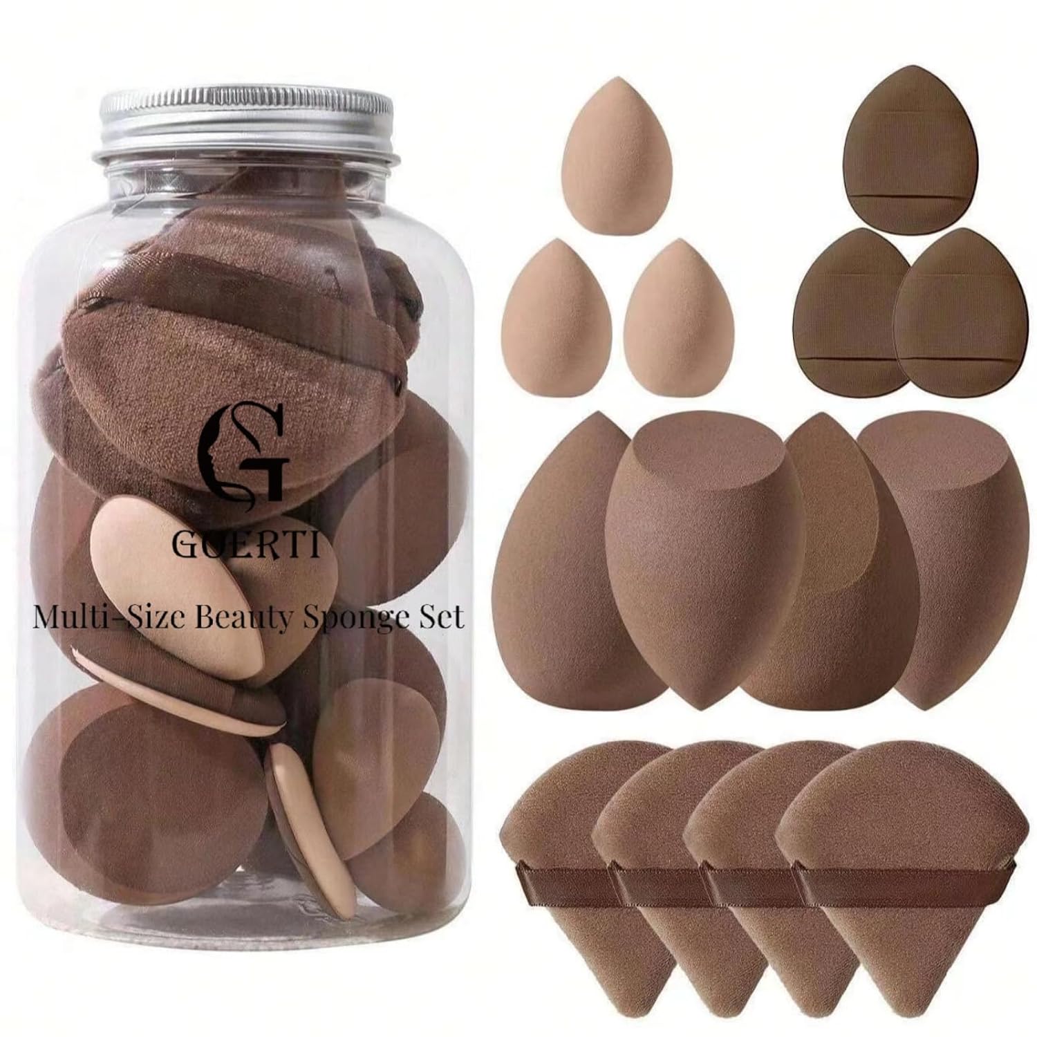 GOERTI Beauty Blender Sponge Set 14PCS - Multi-Size Makeup Sponges, Triangle Puffs, Mini Blenders for Flawless Foundation, Powder & Liquid (Brown, Reusable Wet/Dry)