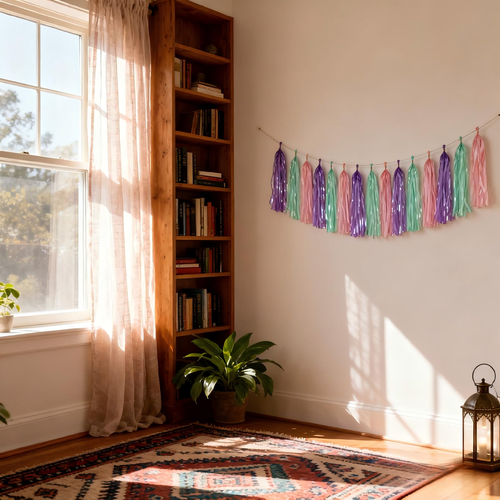 Muiltvoe Plastic Tassel Garland, Tassel Garland Party Decorations - 15 Pack 14 Inch Reusable Purple Green Pink Garlands for Wedding Birthday Festival Outdoor Home Decoration