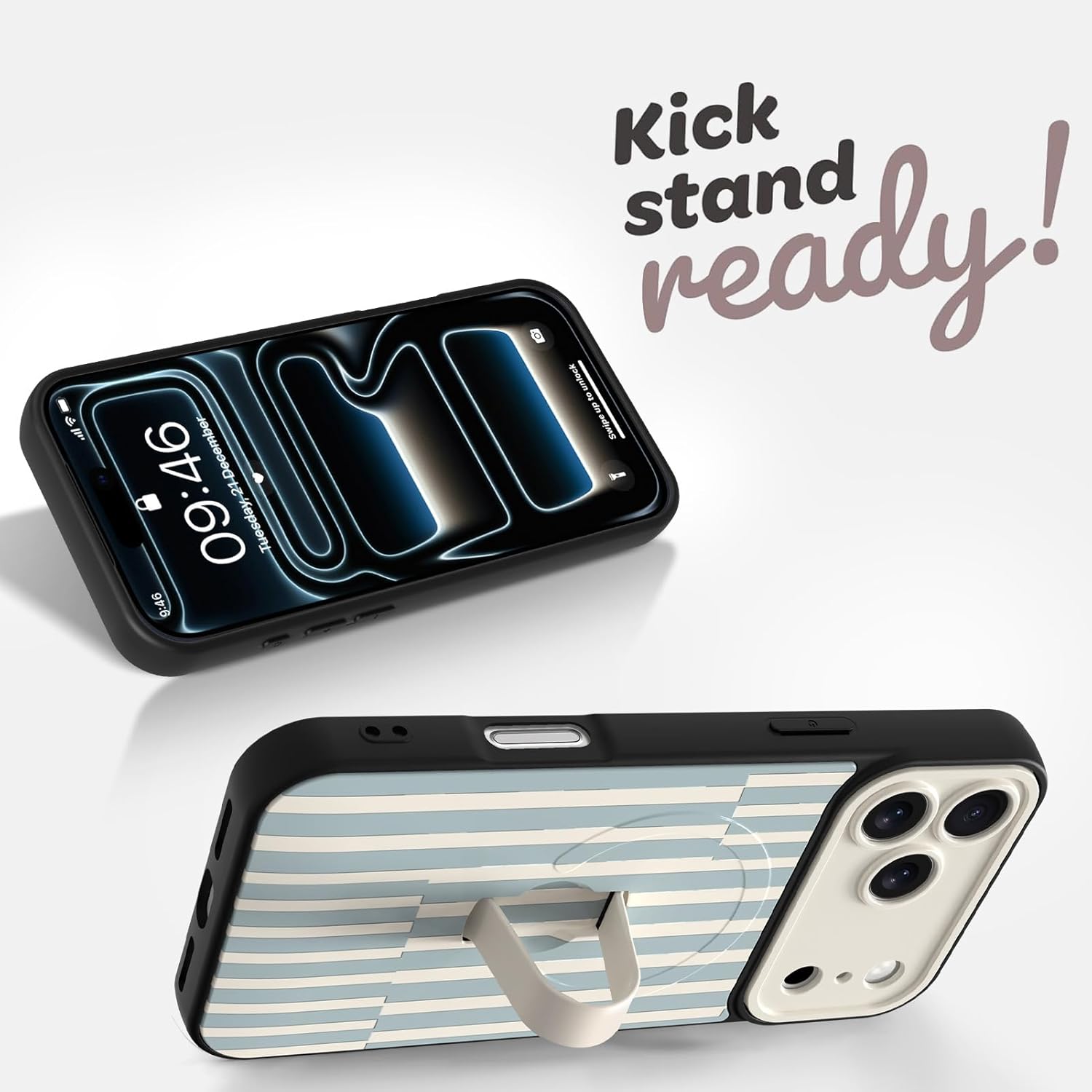 Magnetic for iPhone 17 Pro Max Case with Finger Strap Stand, Compatible with Magsafe, Trendy Striped Phone Case for Women Men Slim Shockproof Cover for 17 Pro Max, White Blue Stripes