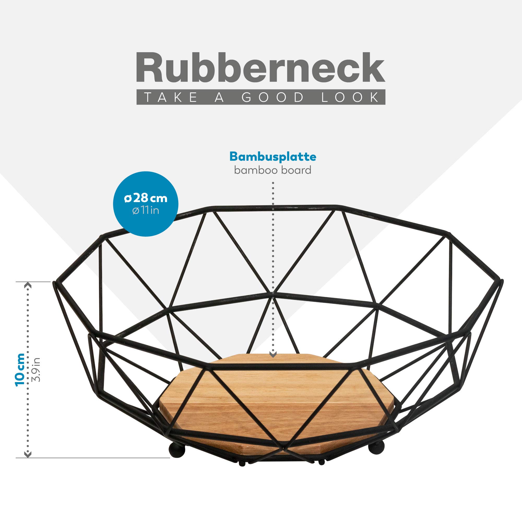 Rubberneck Frutero de Metal con Base de Madera de Bambú, Color Negro | cesto multiusos con inserto de roble, para pan, decoración, cocina, salón y baño, moderno, elegante, práctico, útil