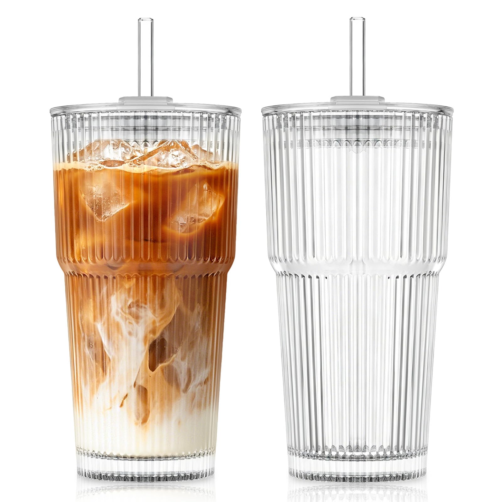Photo 1 of ***MISSING STRAWS*** KEMORELA 20 oz Ribbed Glass Tumblers with Lids and Glass Straws 2pcs – Vintage iced coffee cups with lids, Reusable Glass Cups for Water Leak Proof for Coffee Bar Accessories- Includes Cleaning Brush