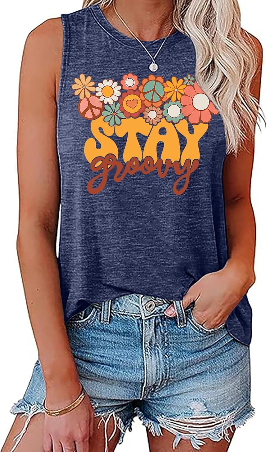 Retro Stay Groovy Tank Top Women Floral Graphic Tee Hippie Vintage 70s Disco Peace ...