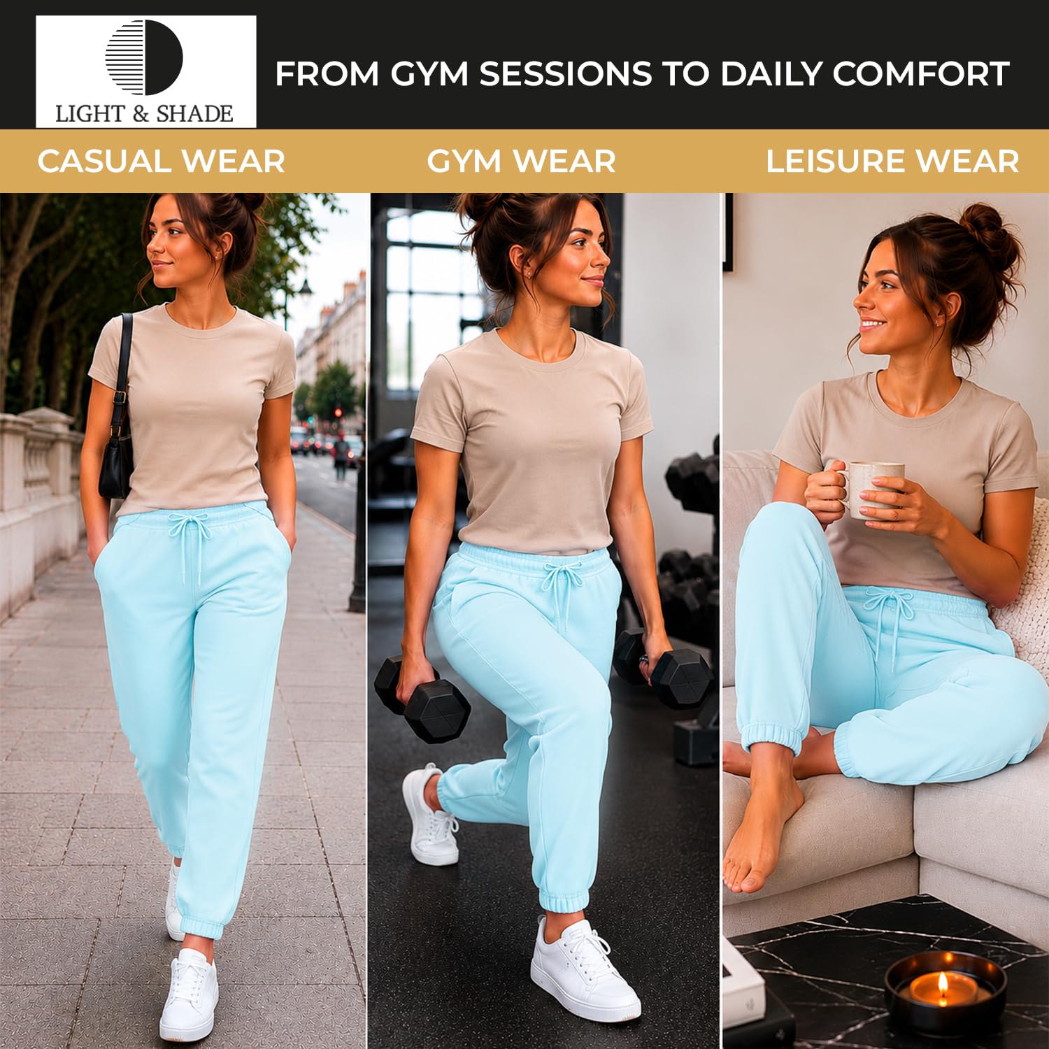 Light & Shade Damskie spodnie dresowe loungewear, miękkie w dotyku joggery do domu i na co dzień