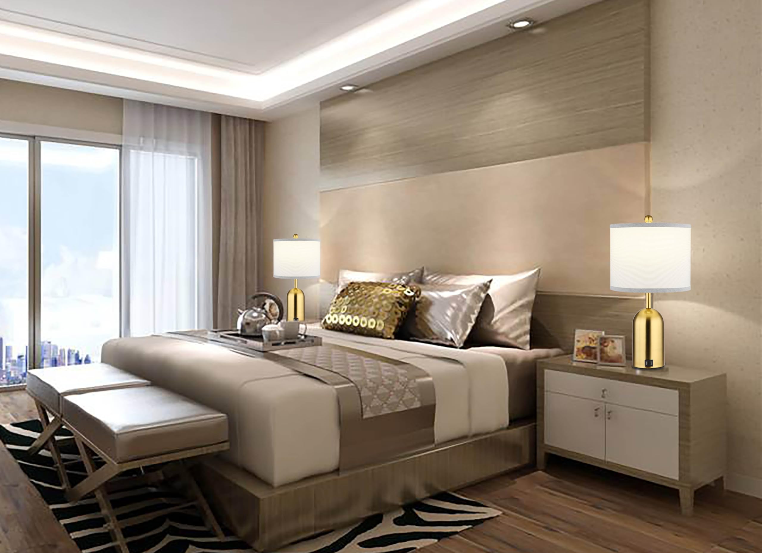 Ldeco Touch Dimmer Table Lamp for Bedroom,Bedside Lamp with USB Port Elegant Nightstand Lamp with Fabric Shade,Gold Modern Desk Lamp for Living Room,Office,Bulb incl.