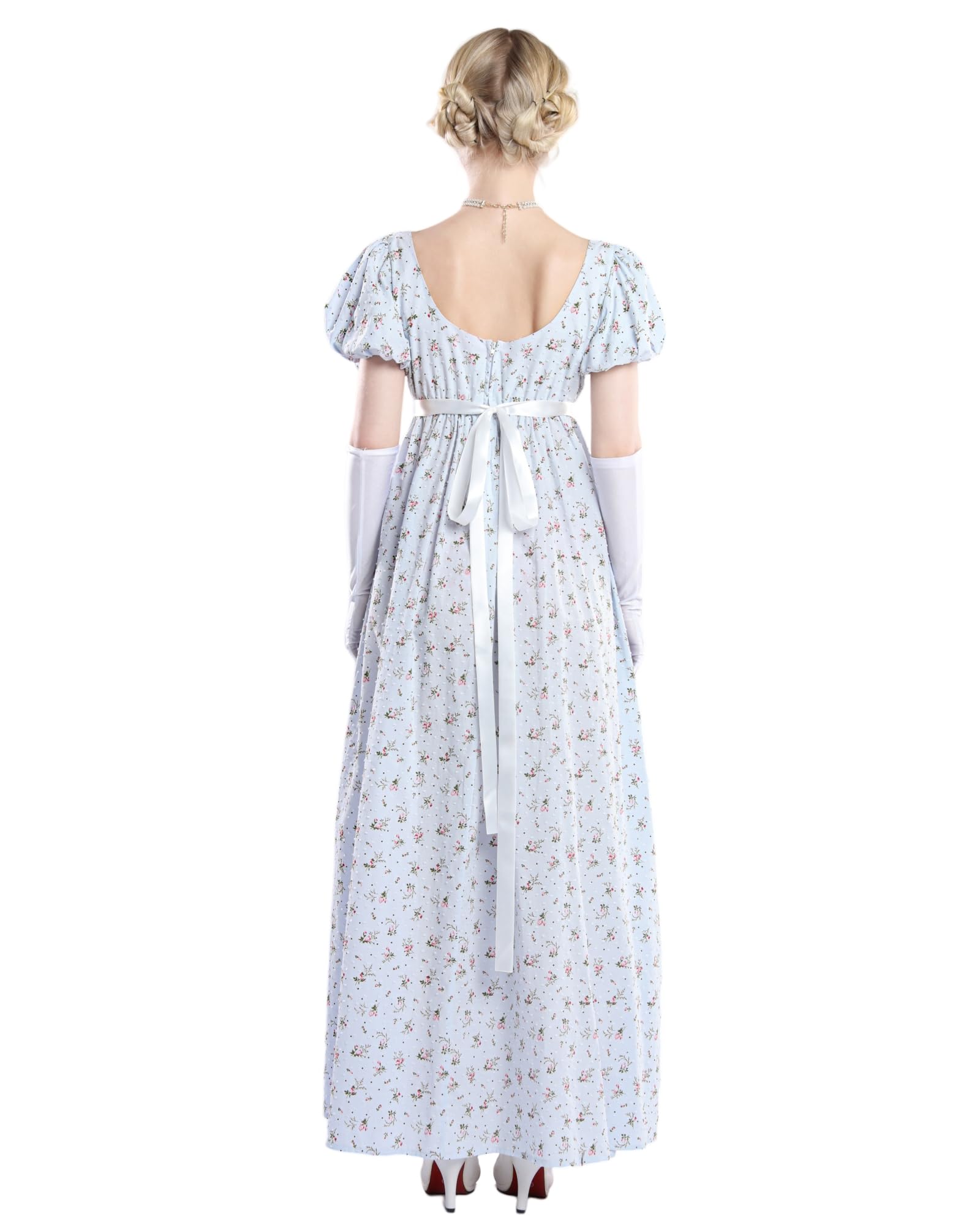 NSPSTT Regency - Abito da donna floreale Regency Era con vita imperiale, abito lungo da tè con guanti