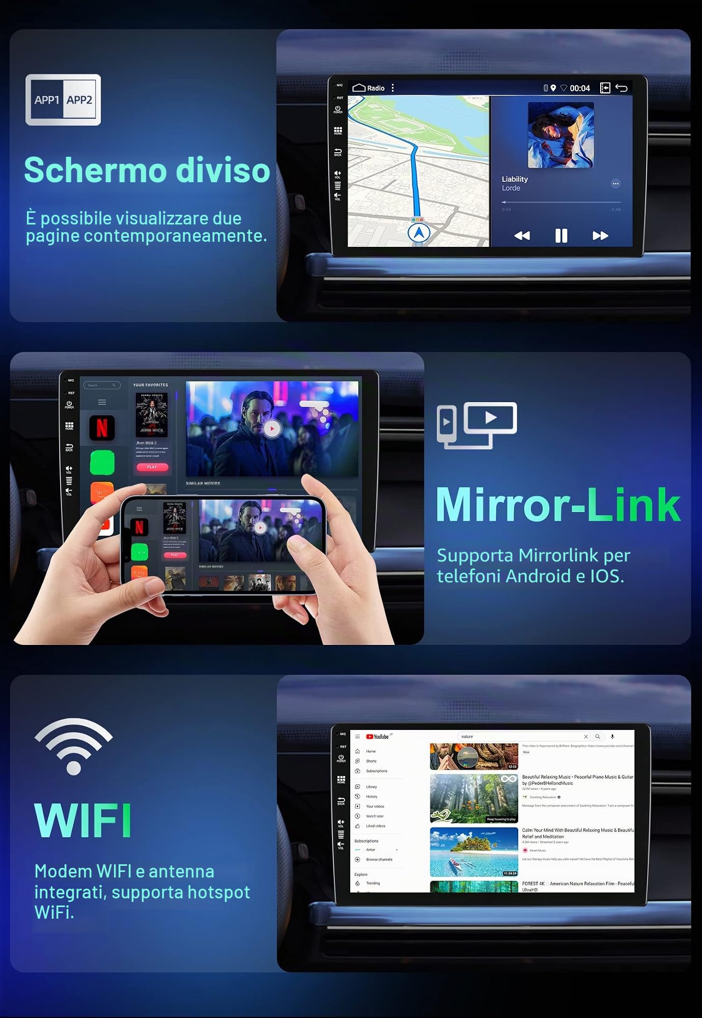 8 GB + 256 GB 2 DIN 9 pollici IPS Schermo Android Autoradio Autoradio Carplay Navigazione GPS Android Auto MirrorLink RDS Telecamera posteriore gratuita + Microfono