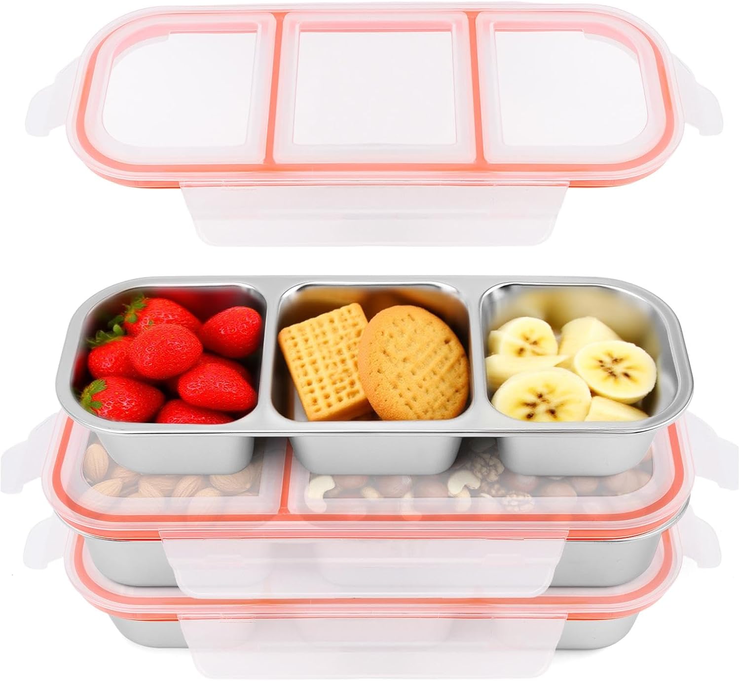 3Pack Stainless Steel Snack Containers, 2/3 Compartment Leakproof Bento Boxes with Lids, Reusable for Kids & Adults, Stackable, Dishwasher Safe(Sliver,Size:10.24inch)