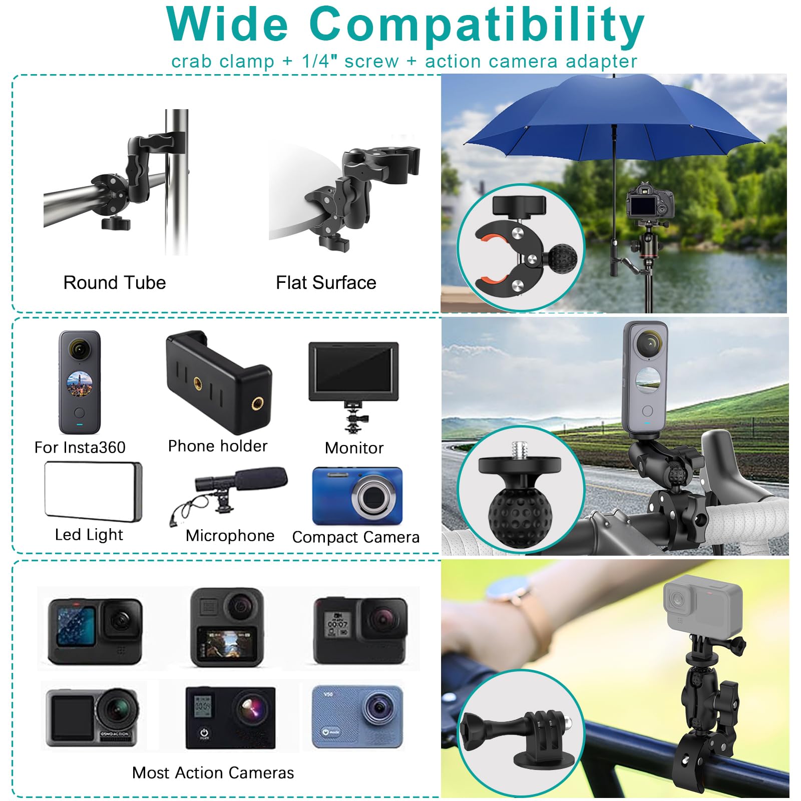 UNSTINCER 360° drehbarer Klebehalterung + Doppelklemme Action Kamera Halterung mit 119 cm Selfie Stick Bundle