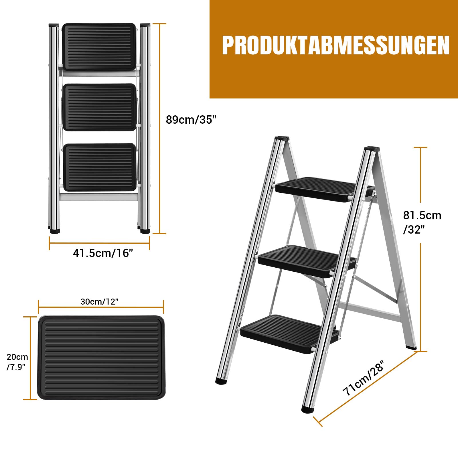 Escalera de 3 peldaños plegable con amplia plataforma antideslizante, escalera de acero inoxidable ligera con capacidad de carga de 150 kg, diseño plegable compacto para el hogar, cocina, autocaravana