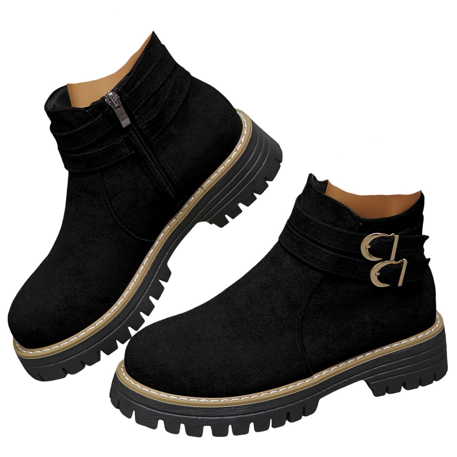 ZSpzx Women Suede Ankle Boots Platforms Buckle Straps Casual Short Booties Chunky Block Heels Lug Sole Side Zipper