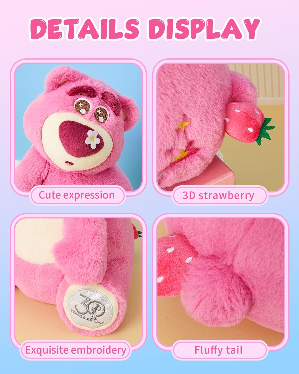 MINISO 13'' Disney Lotso Plush Toy -30th Anniversary Special Edition Strawberry Bear Stuffed Animals & Teddy Bears Collectible Toy Doll Gift, Super Soft & Huggable Doll for Fans