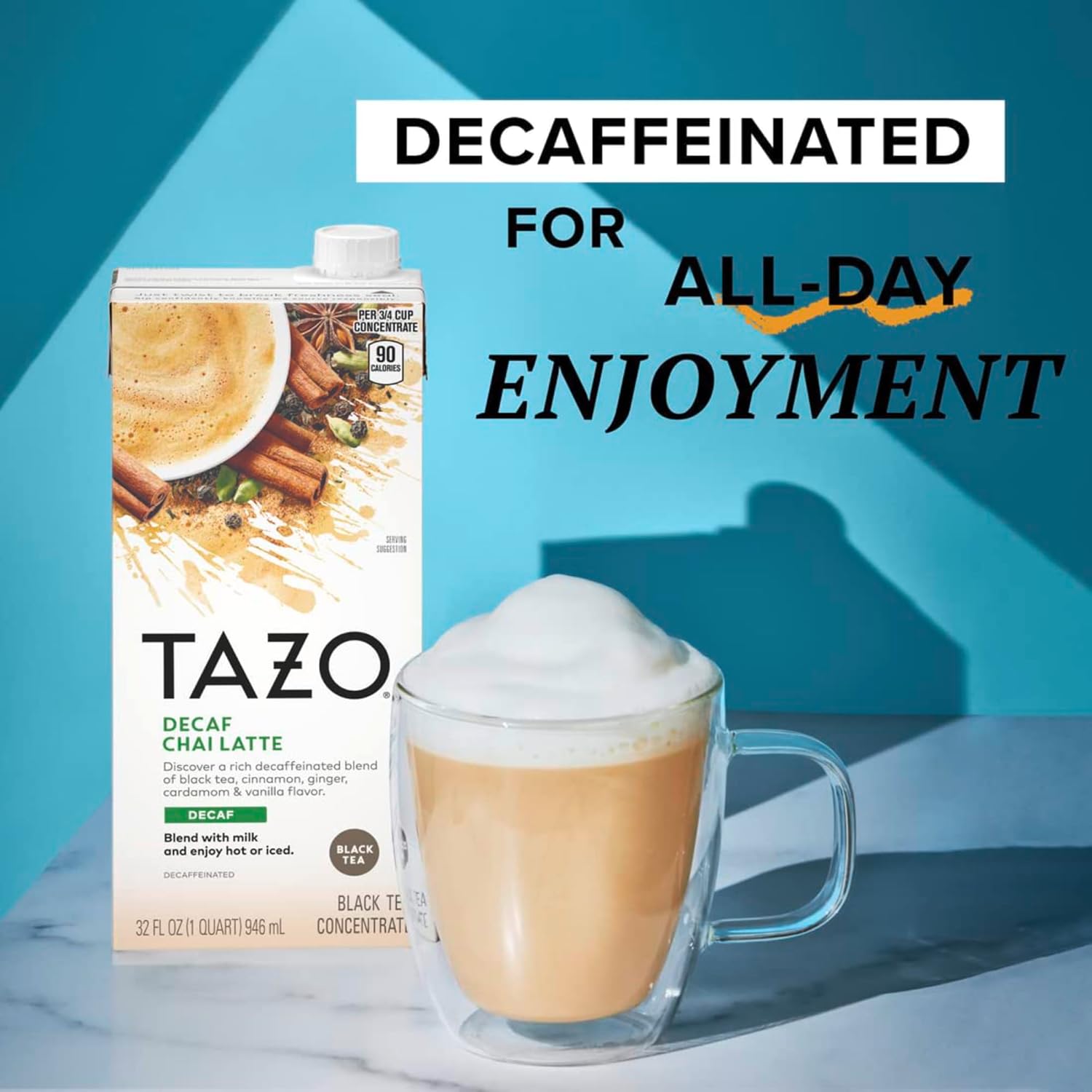 TAZO Decaffeinated Chai Latte Black Tea Concentrate (Pack of 2), 32 oz with Coasters