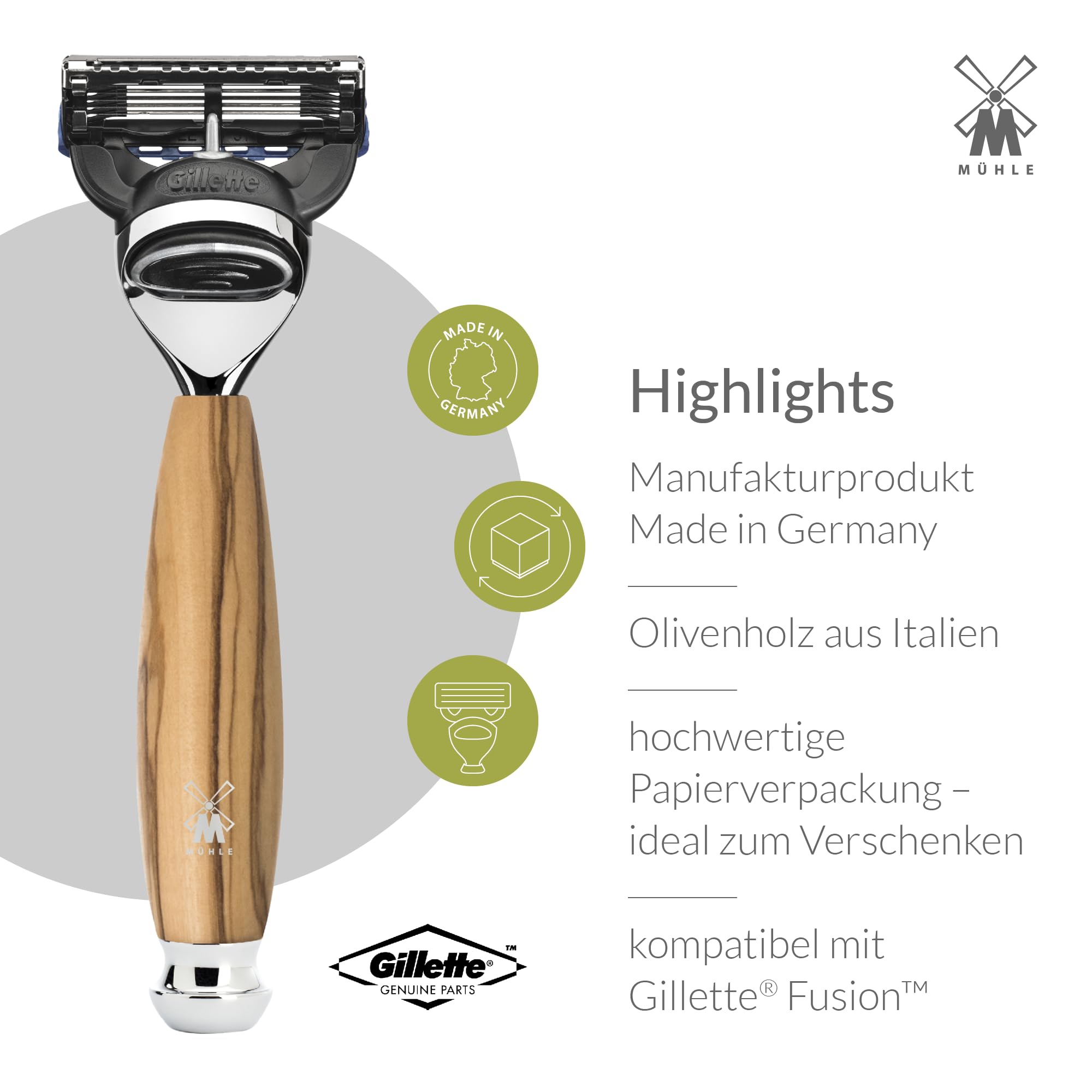 MÜHLE VIVO Olive Wood 3-Piece Black Fibre 5-Blade Razor Shaving Set