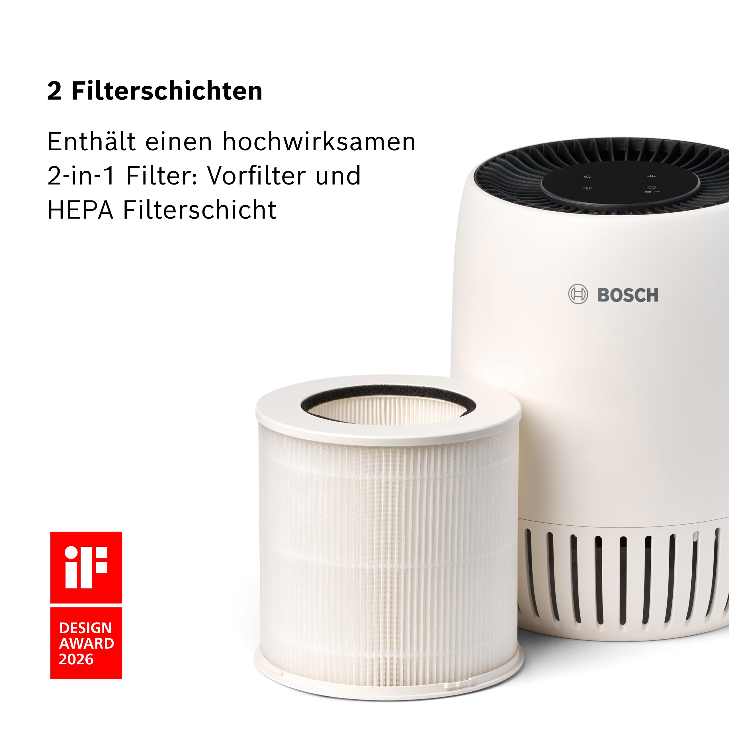 Bosch Air 500, Luftreiniger, Für Räume bis zu 23 m² | Mit 2-in-1 Luftfilter, Automatikmodus, Ruhemodus (< 25 dB(A)), CADR: 70 m³/h