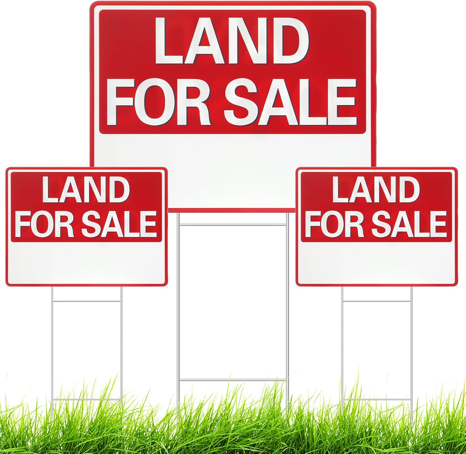 3 Pcs 18 x 24 Inch Land for Sale Yard Sign, for Sale Sign 23.6 Inch Metal Ground Stake, Double Sided Printing, Corrugated Plastic, Red White Print, Outdoor Home House Real Estate