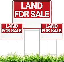 3 Pcs 18 x 24 Inch Land for Sale Yard Sign with 3 Pcs 23.6 Inch Metal Ground Stake, Double Sided Printing, Corrugated Plastic, Red White Print, for Outdoor Home House Real Estate