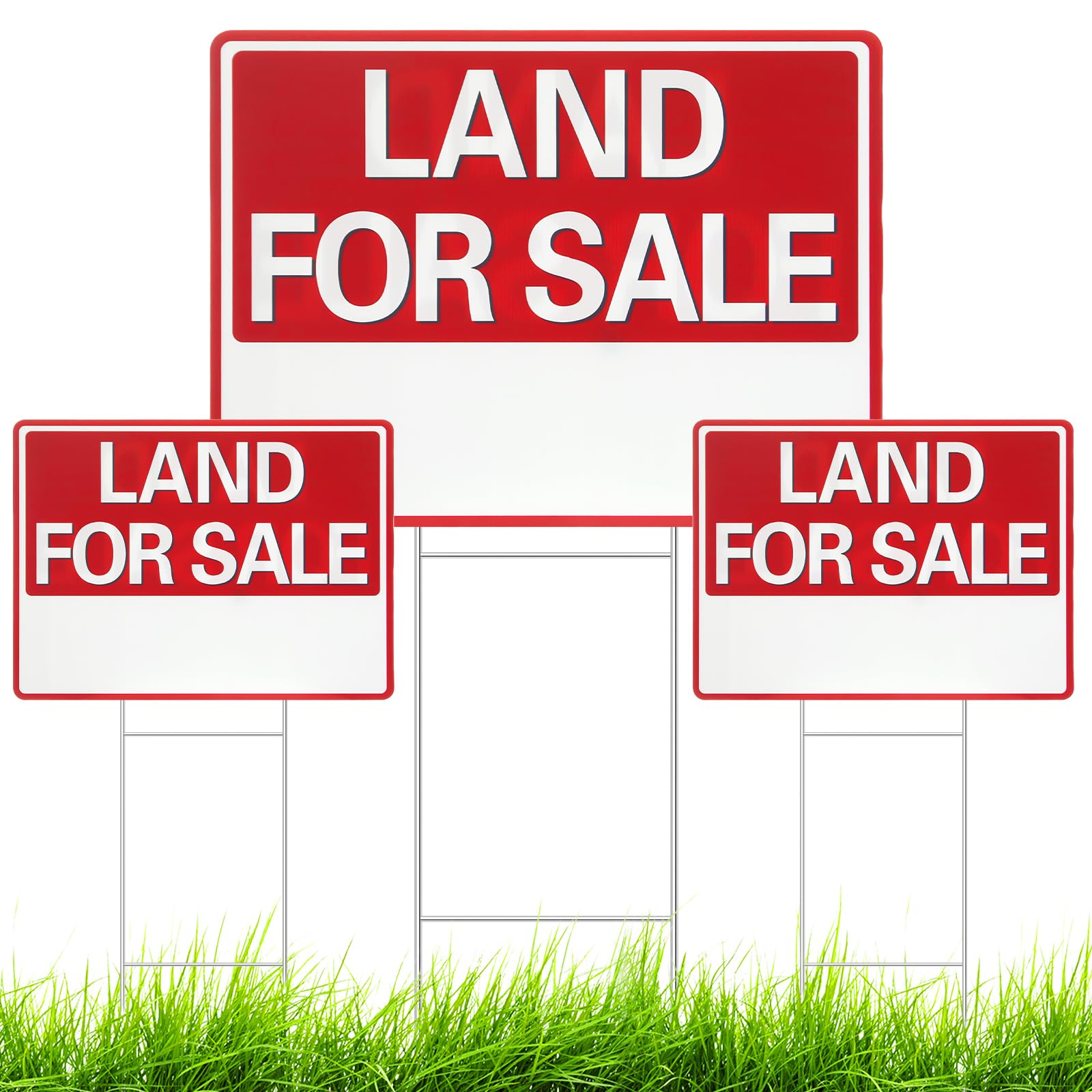 3 Pcs 18 x 24 Inch Land for Sale Yard Sign with 3 Pcs 23.6 Inch Metal Ground Stake, Double Sided Printing, Corrugated Plastic, Red White Print, for Outdoor Home House Real Estate