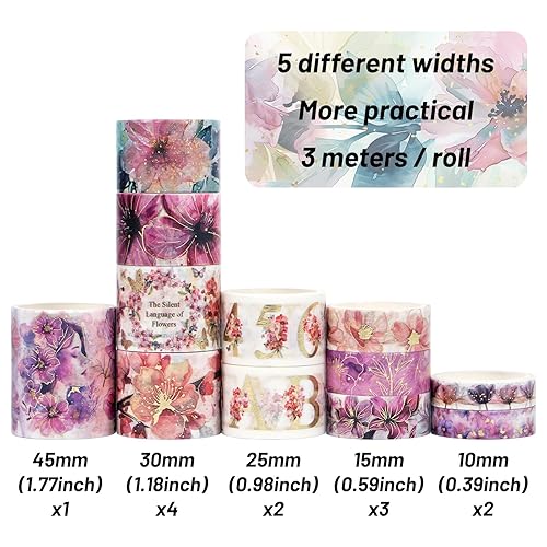 Miniatura 2 de Juego de cinta washi dorada y rosa – 12 rollos de cinta decorativa del alfabeto floral rosa, cinta washi con purpurina para diario, álbumes de