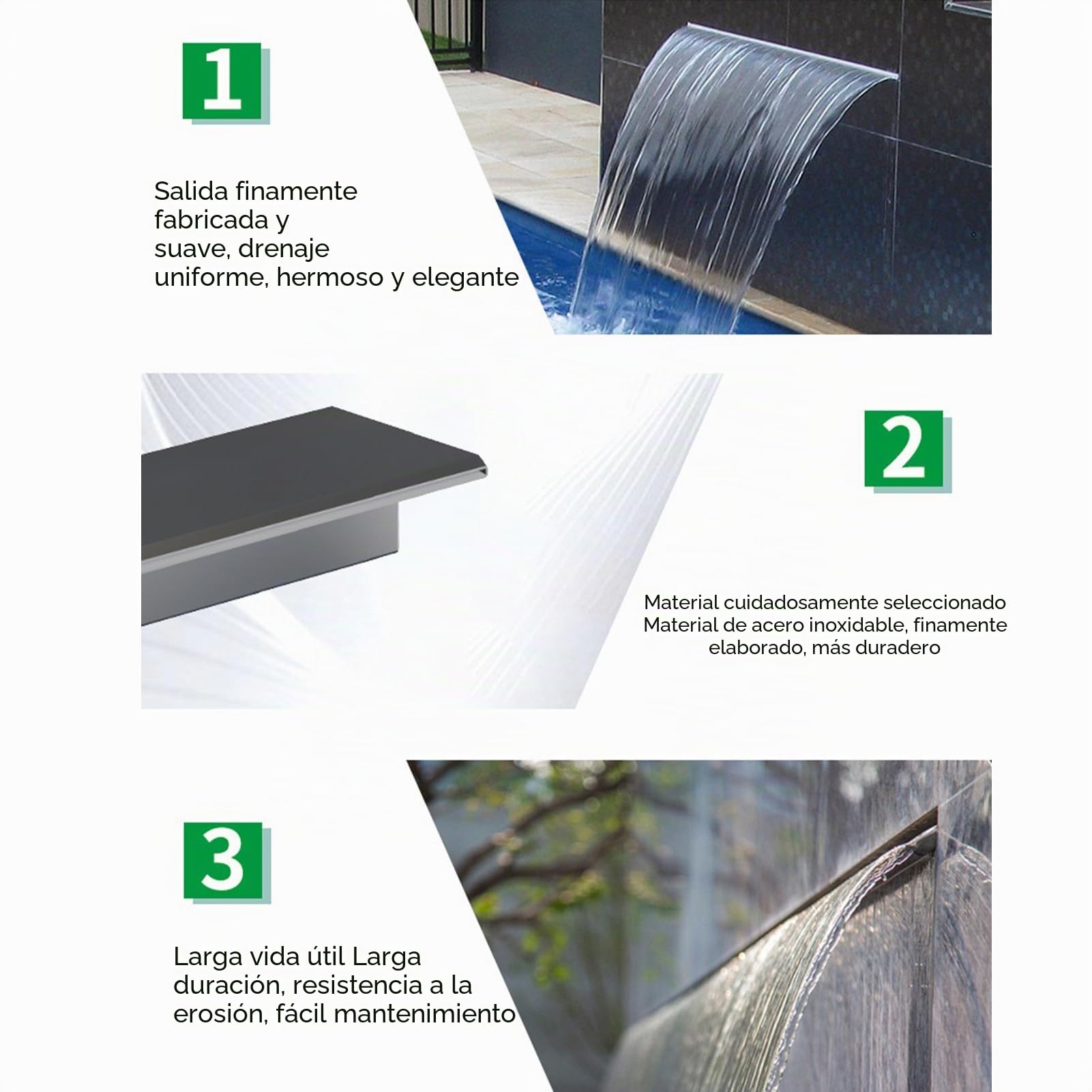 Eujgoov Aliviadero de Salida de Cascada de Acero Inoxidable 304 con Elegante Acabado Pulido para Patio, Jardín, Villa, Piscina (400MM)