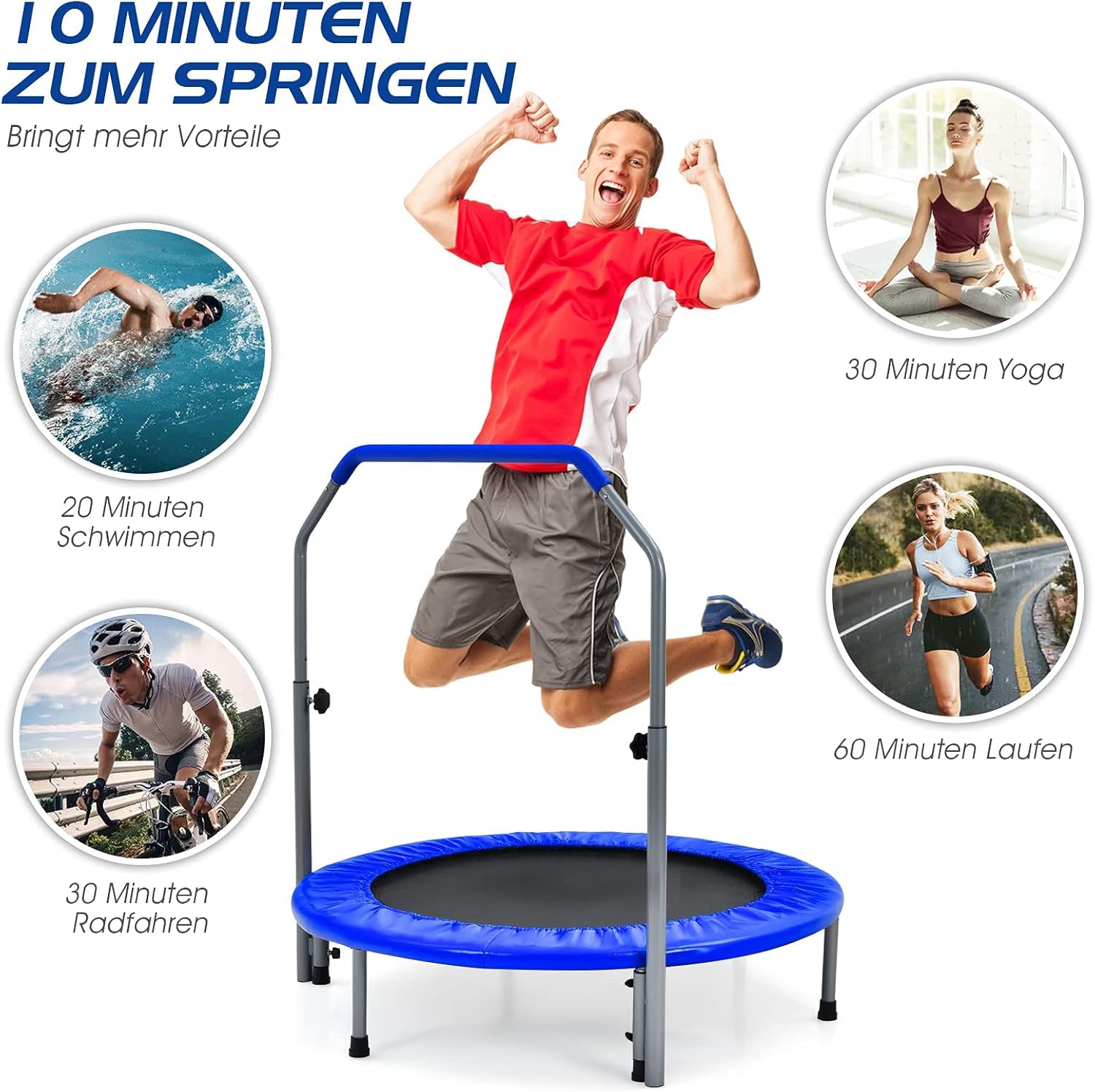 FANTASK φ101 cm mini trampolina, obciążenie do 150 kg, składana, trampolina ogrodowa dla dorosłych i dzieci, z uchwytem o regulowanej wysokości