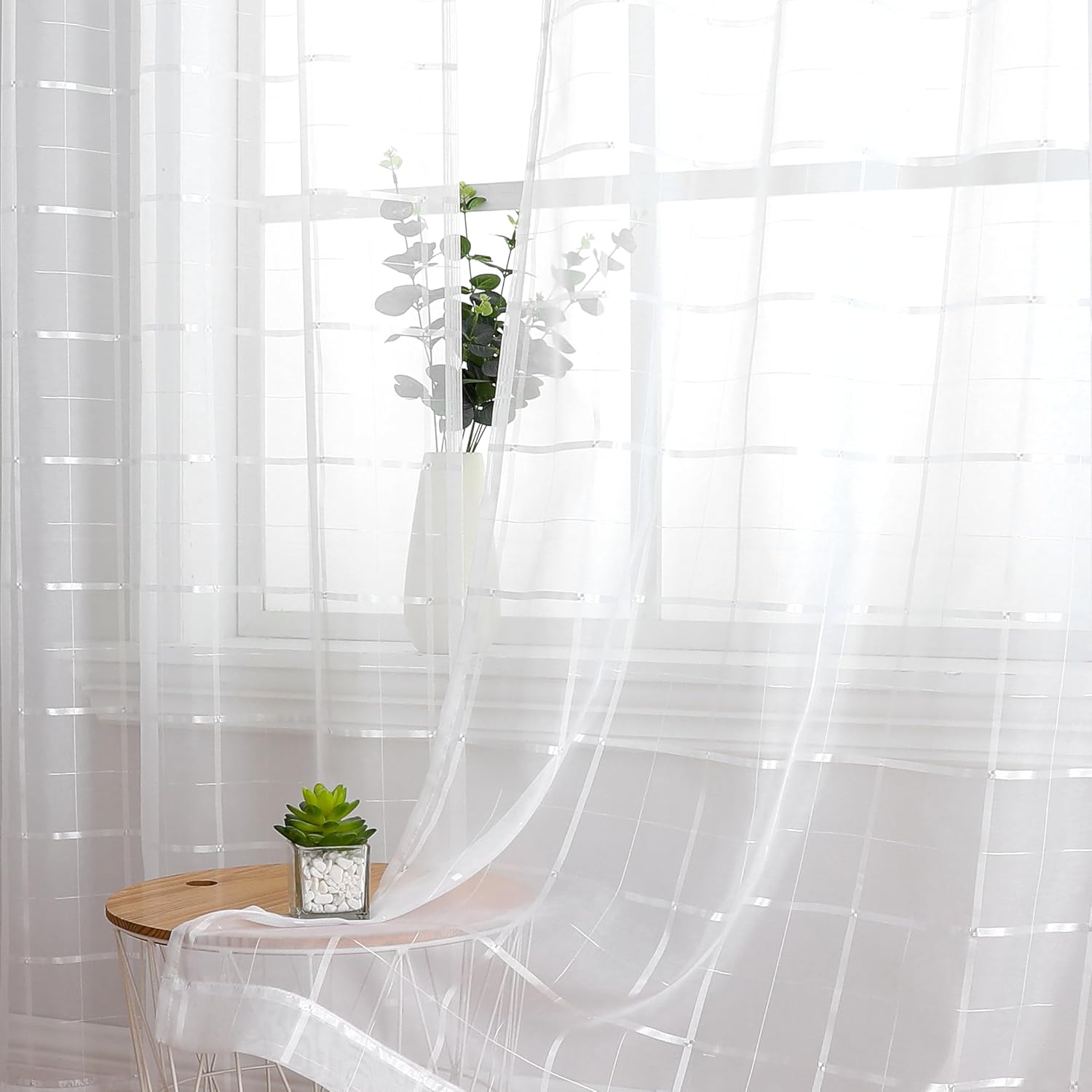 OVZME White Sheer Curtains 84 Inches Length 2 Panels Set