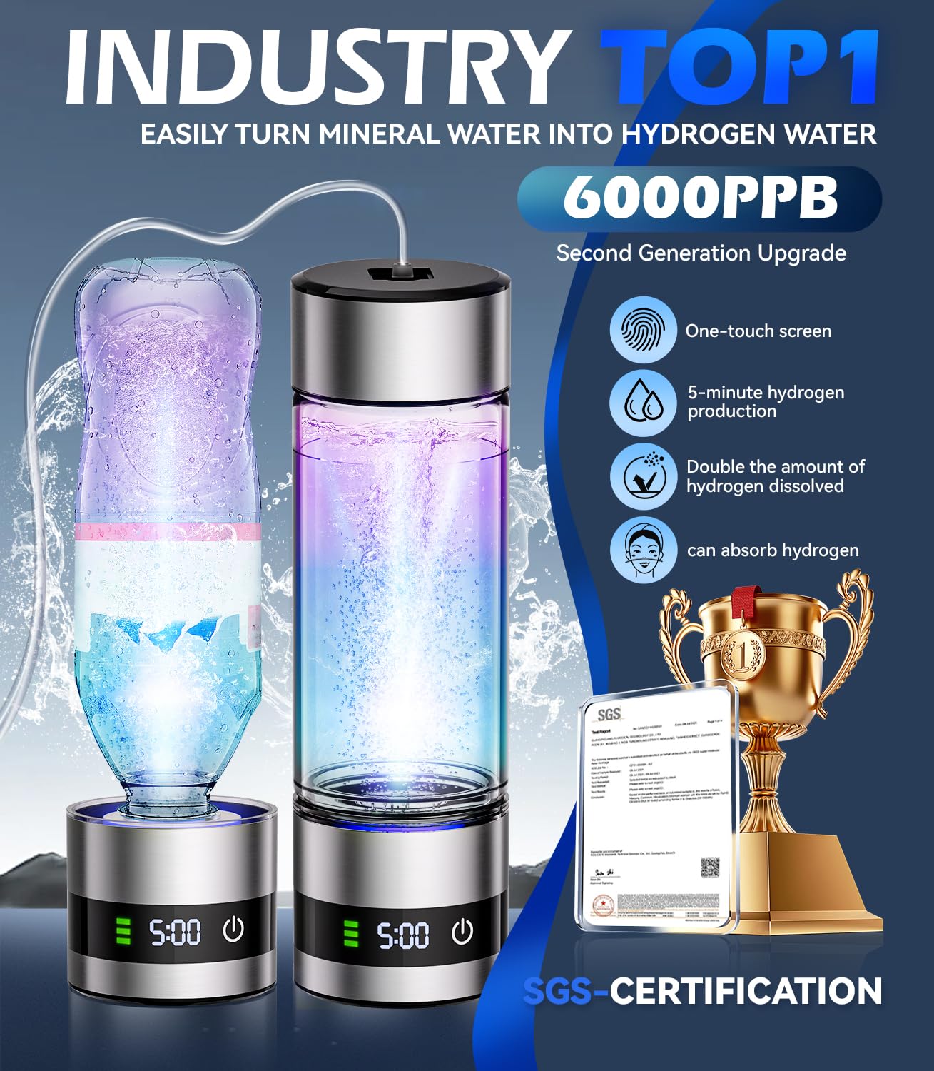 4.0 Upgrade Hydrogen Water Bottle & Hydrogen Absorption 【SGS Certification - 6000PPB】【NO.1-100% Odorless】 Hydrogen Water Bottle - 2025 SPE PEM Technique, Applicable to Various Water - Image 3